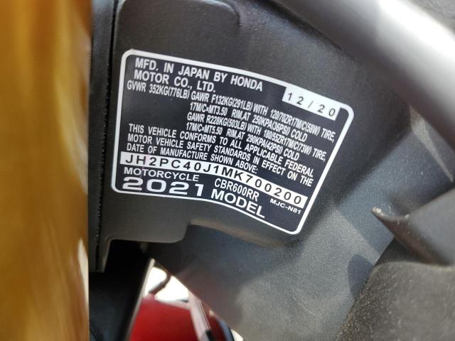 2021 HONDA CBR600 RA JH2PC40J1MK700200