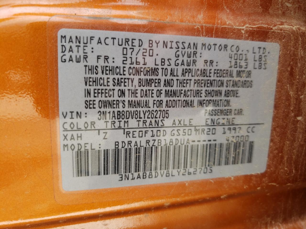 2020 Nissan Sentra Sr VIN: 3N1AB8DV8LY262705 Lot: 51468004