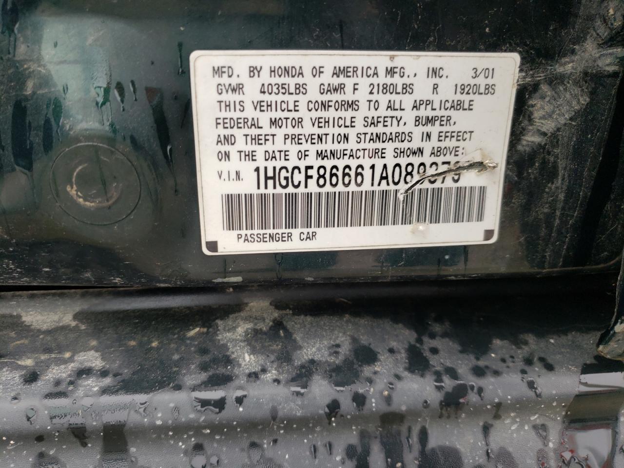 2001 Honda Accord Value VIN: 1HGCF86661A089379 Lot: 53835222