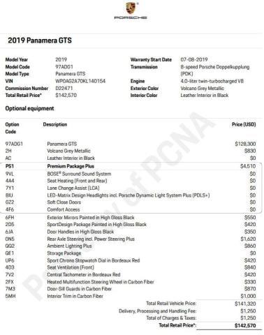 2019 PORSCHE PANAMERA G WP0AG2A70KL140154