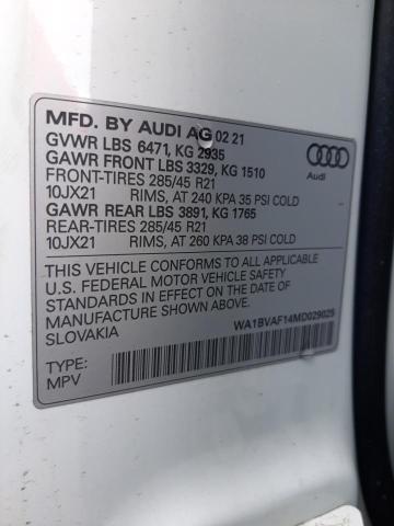 2021 AUDI Q8 PREMIUM WA1BVAF14MD029025