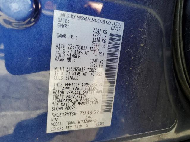 2017 NISSAN ROGUE SV H 5N1ET2MT3HC793457