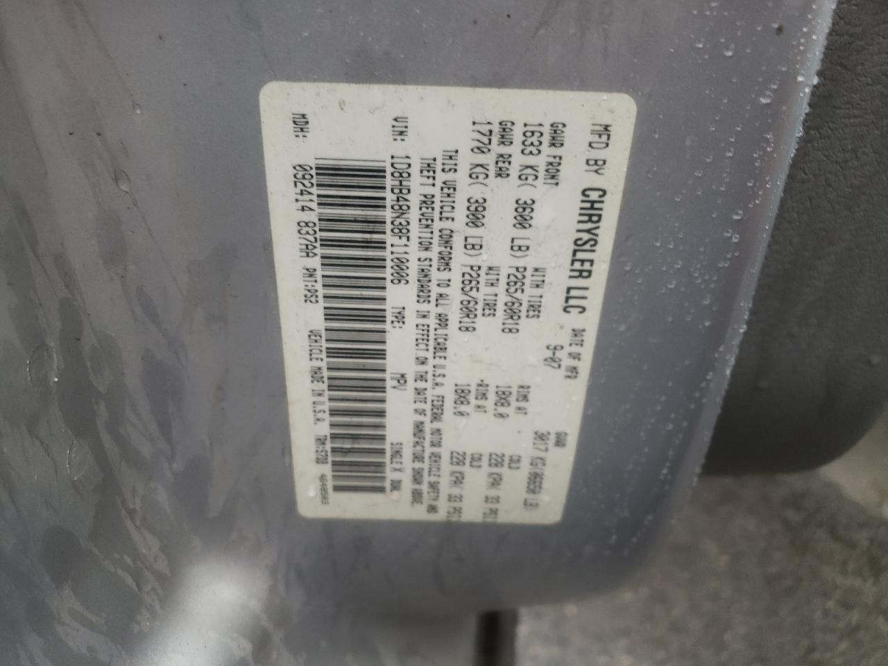 2008 Dodge Durango Slt VIN: 1D8HB48N38F110006 Lot: 57384425