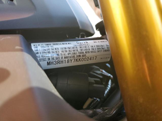 2019 YAMAHA YZFR3 A MH3RH18Y7KK002417