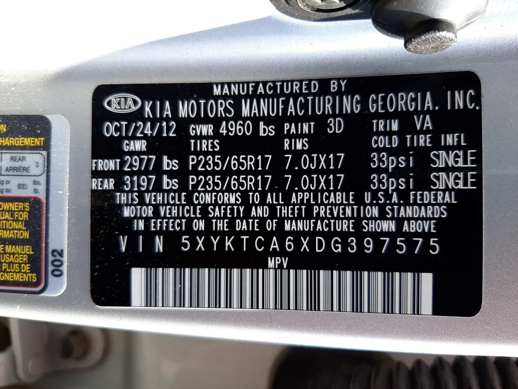 5XYKTCA6XDG397575 2013 Kia Sorento Lx