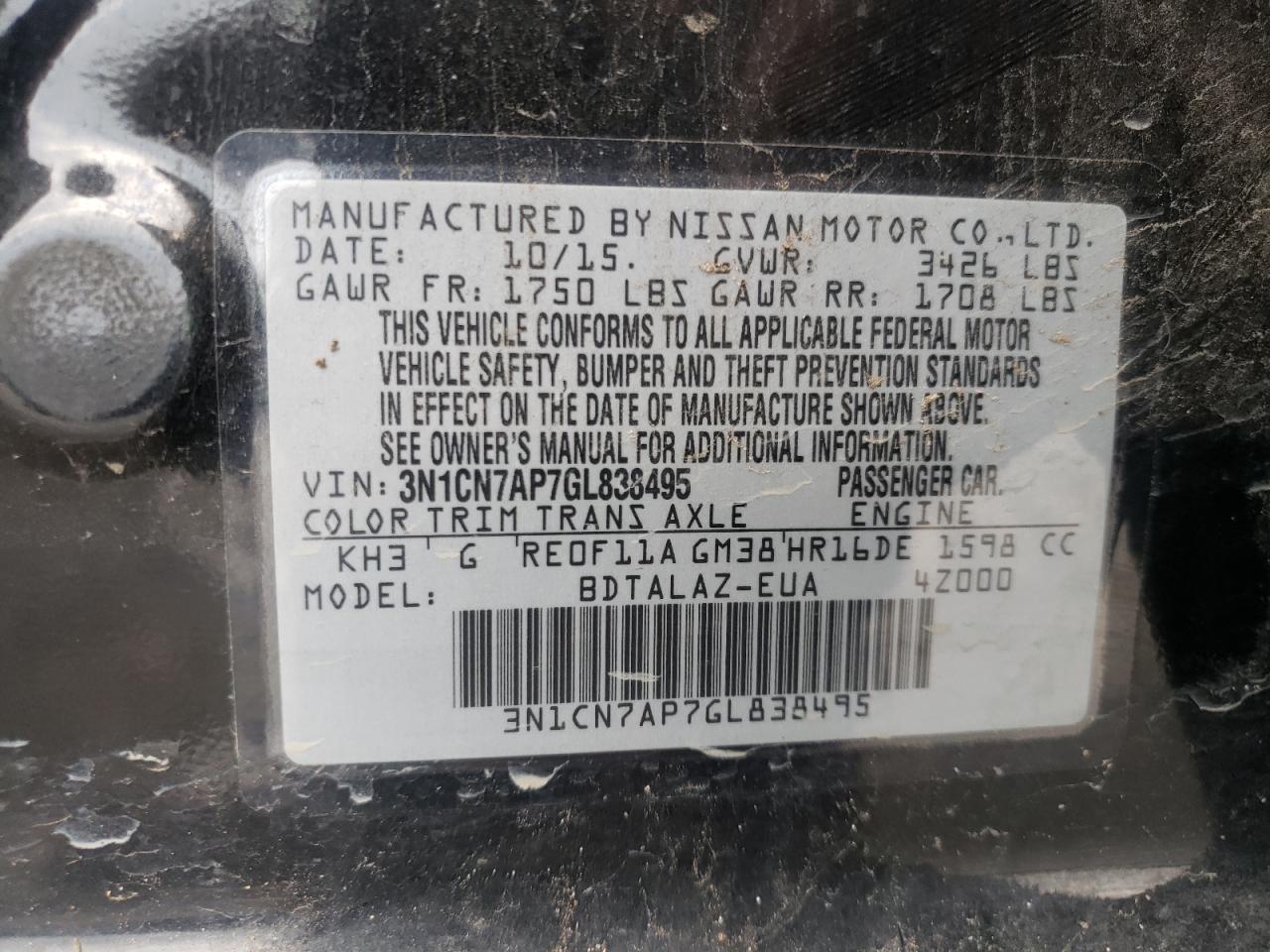 3N1CN7AP7GL838495 2016 Nissan Versa S