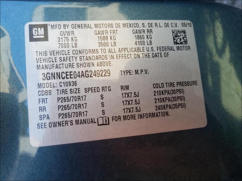 2010 CHEVROLET AVALANCHE 3GNNCEE04AG249229