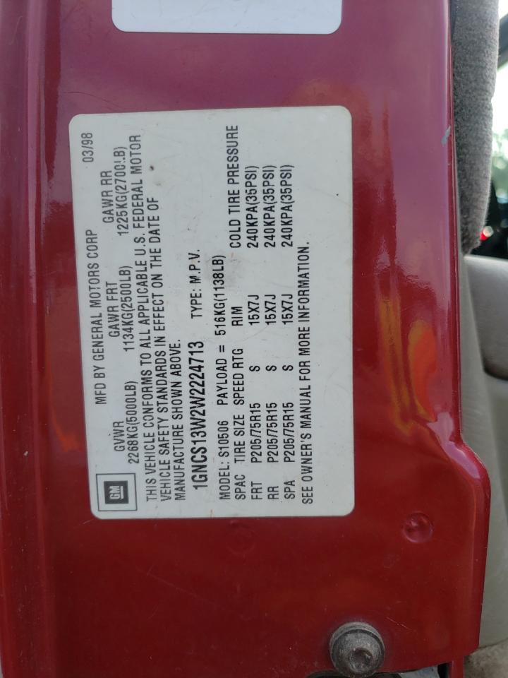 1998 Chevrolet Blazer VIN: 1GNCS13W2W2224713 Lot: 72029663