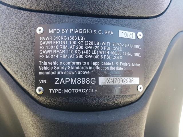 2022 PIAGGIO SCOOTER ZAPM898GXN7002996