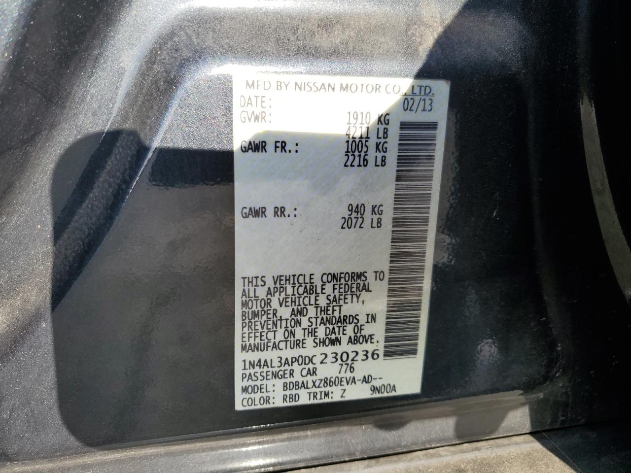 2013 Nissan Altima 2.5 vin: 1N4AL3AP0DC230236