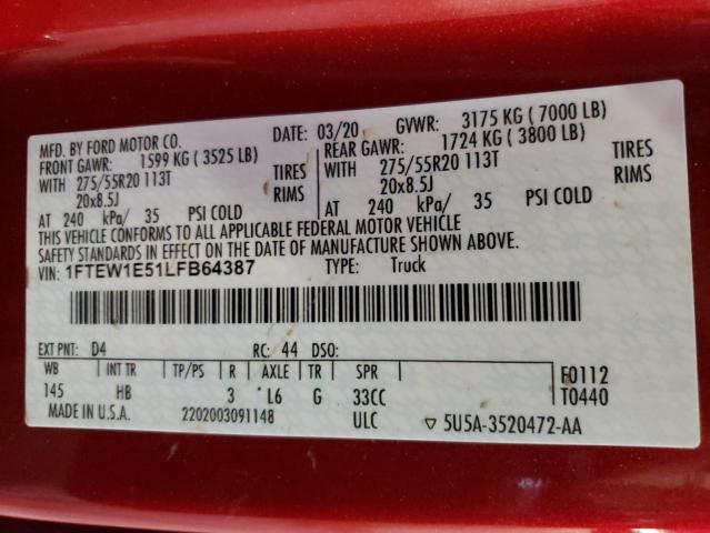 2020 FORD F150 SUPER - 1FTEW1E51LFB64387
