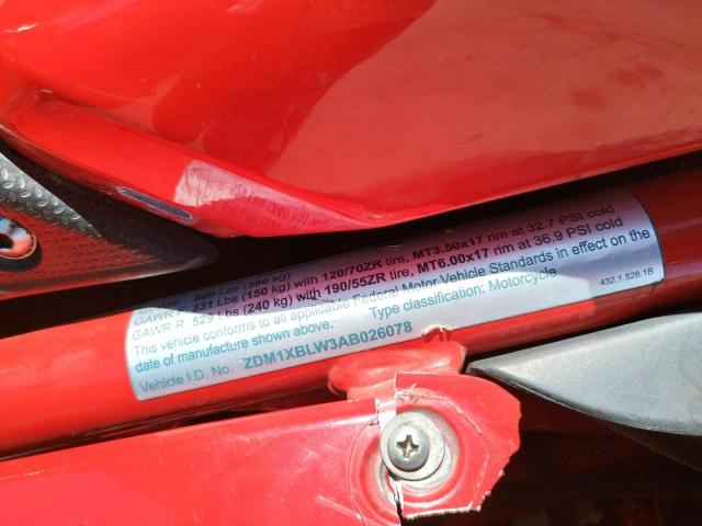 2010 DUCATI 1198 BASE ZDM1XBLW3AB026078