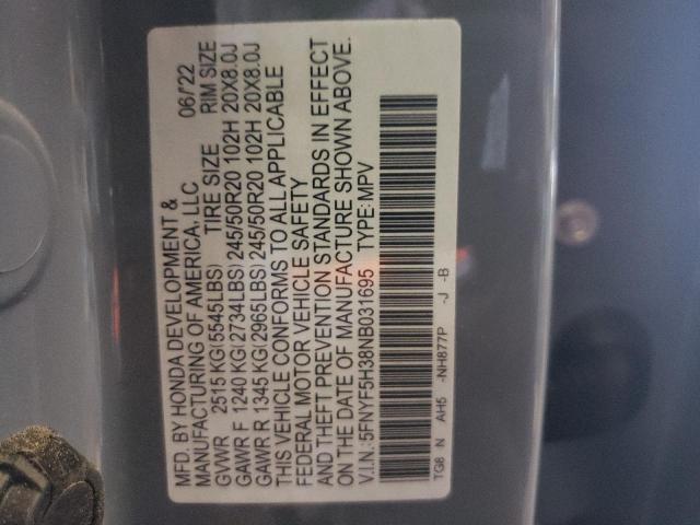 2022 HONDA PILOT SPOR 5FNYF5H38NB031695