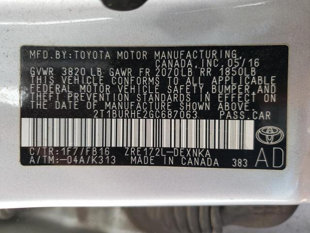 2T1BURHE2GC687063 | 2016 TOYOTA COROLLA L