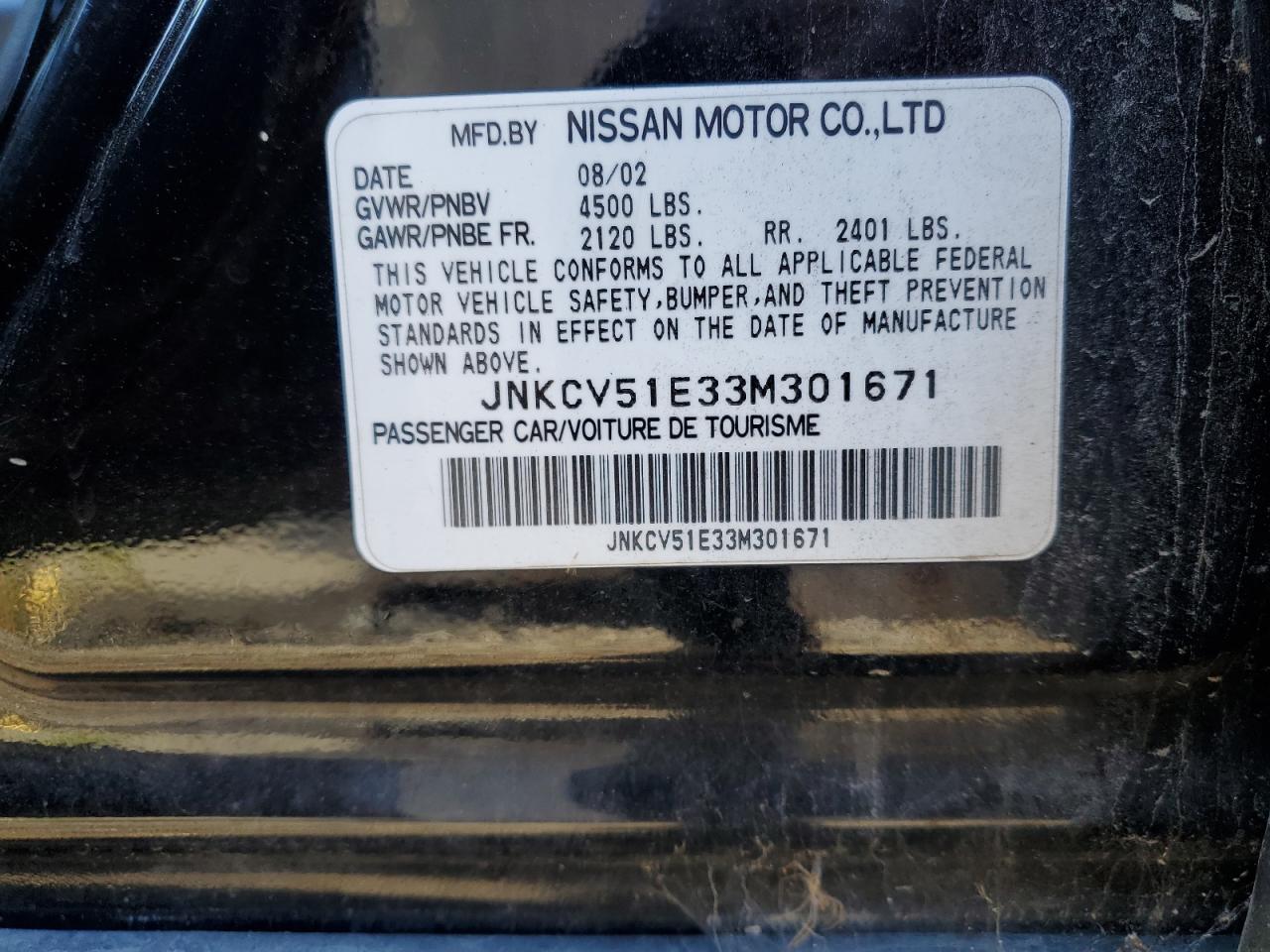 2003 Infiniti G35 VIN: JNKCV51E33M301671 Lot: 72101702