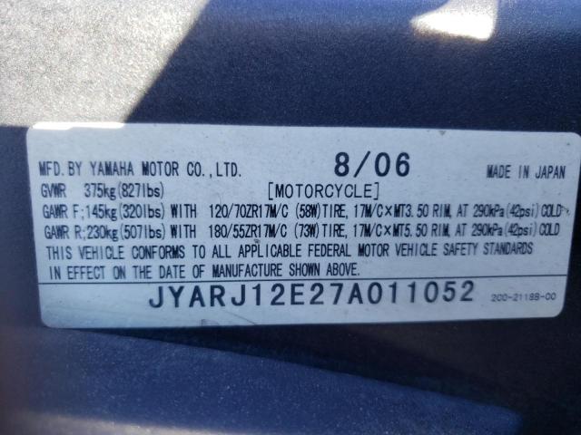 2007 YAMAHA YZFR6 L JYARJ12E27A011052