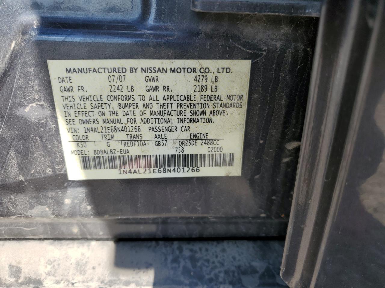 2008 Nissan Altima 2.5 VIN: 1N4AL21E68N401266 Lot: 60027205