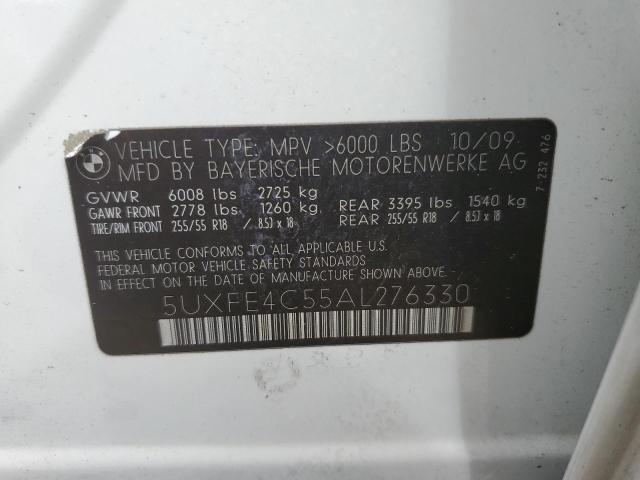 VIN: 5UXFE4C55AL276330 Auction: COPART Lot: 56496552 Location: FL - TAMPA SOUTH 5UXFE4C55AL276330 BMW X5 2010 WHITE Photo 10