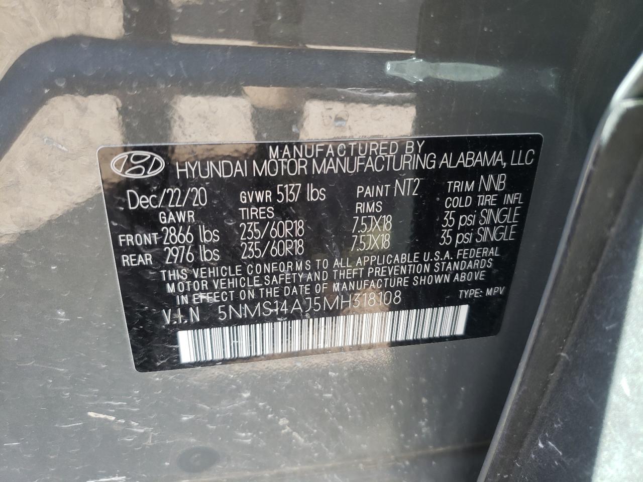 2021 Hyundai Santa Fe Se VIN: 5NMS14AJ5MH318108 Lot: 54926472