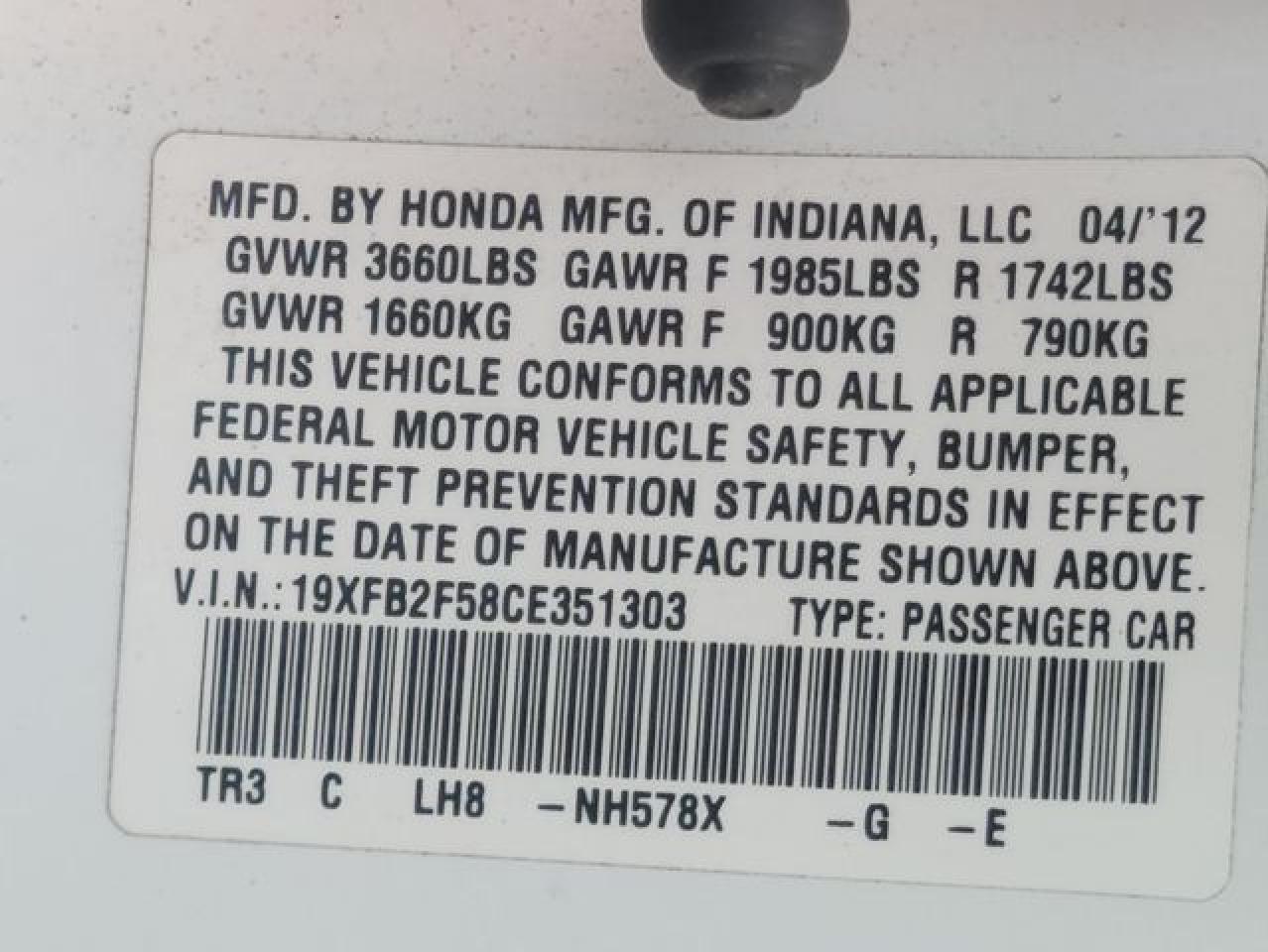 2012 Honda Civic Lx VIN: 19XFB2F58CE351303 Lot: 56253272