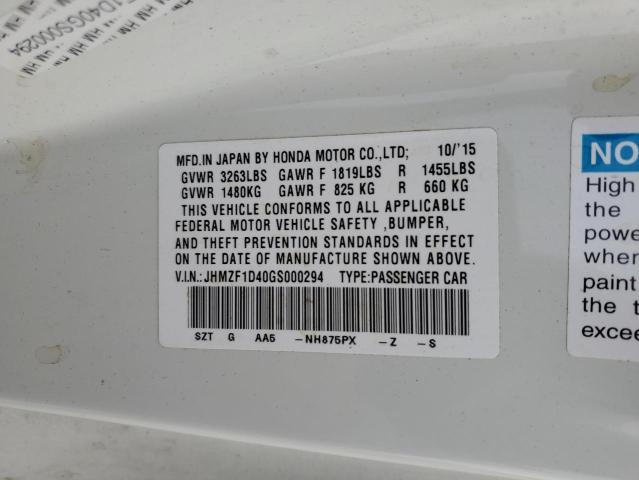 2016 HONDA CR-Z JHMZF1D40GS000294