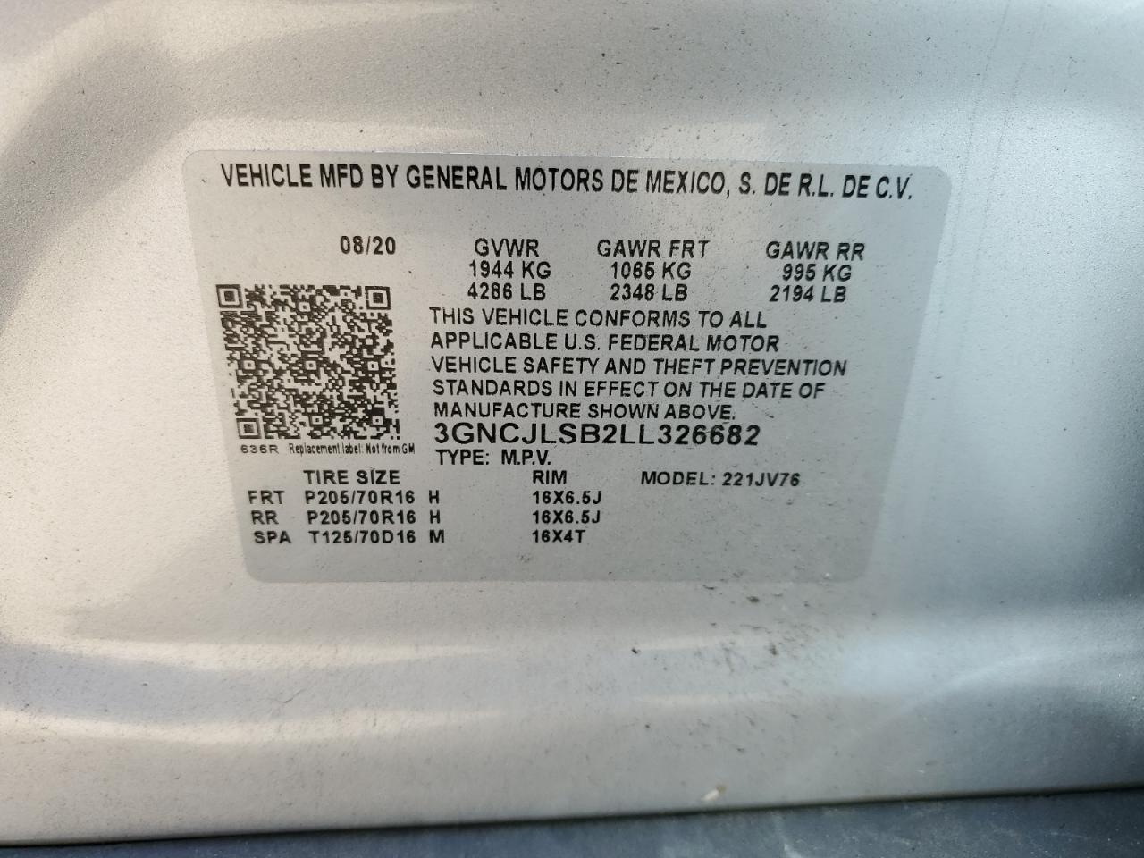 3GNCJLSB2LL326682 CHEVROLET TRAX 2020