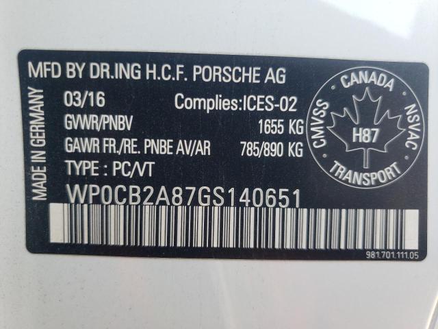 2016 PORSCHE BOXSTER S - WP0CB2A87GS140651