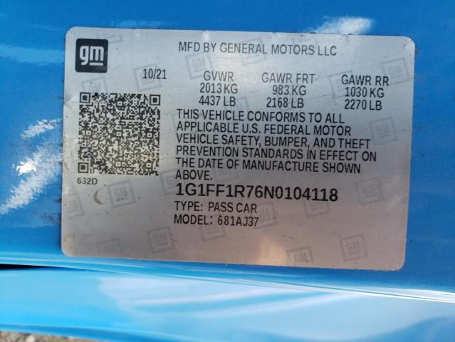 2022 CHEVROLET CAMARO LT1 1G1FF1R76N0104118