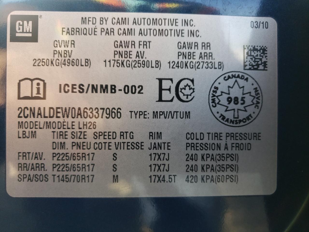 2CNALDEW0A6337966 2010 Chevrolet Equinox Lt