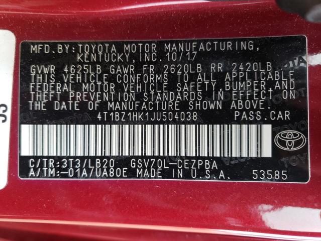 4T1BZ1HK1JU504038 | 2018 TOYOTA CAMRY XSE