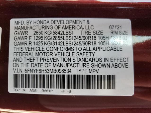 VIN 5FNYF6H53MB098534 2021 HONDA PILOT no.10