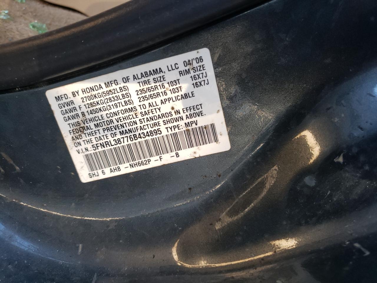 5FNRL38776B434895 2006 Honda Odyssey Exl