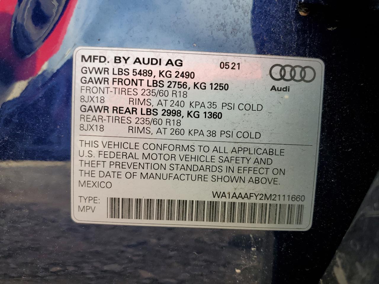 2021 Audi Q5 Premium VIN: WA1AAAFY2M2111660 Lot: 49160074