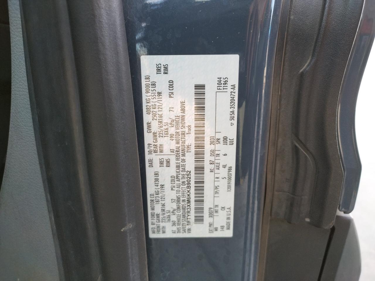 1FTYR3XM6KKB90252 FORD TRANSIT 2019