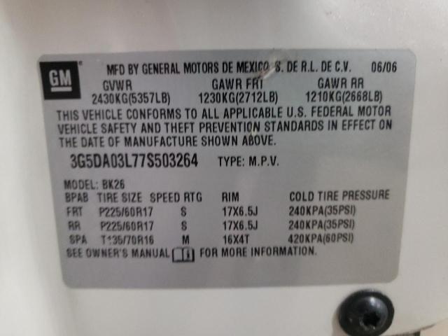 VIN: 3G5DA03L77S503264 Auction: COPART Lot: 56840262 Location: TX - LUFKIN VIN: 3G5DA03L77S503264 BUICK RENDEZVOUS 2007 WHITE Photo 10