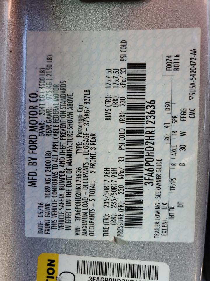 3FA6P0HD2HR123636 FORD FUSION 2017