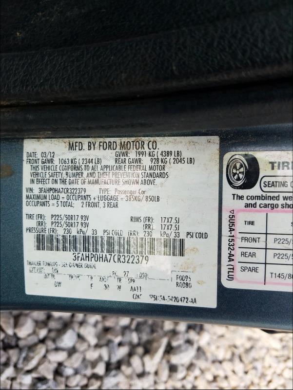 3FAHP0HA7CR322379 2012 FORD FUSION SE
