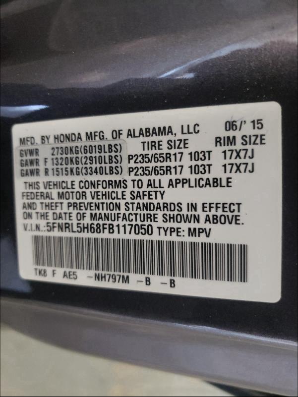 5FNRL5H68FB117050 2015 HONDA ODYSSEY EXL