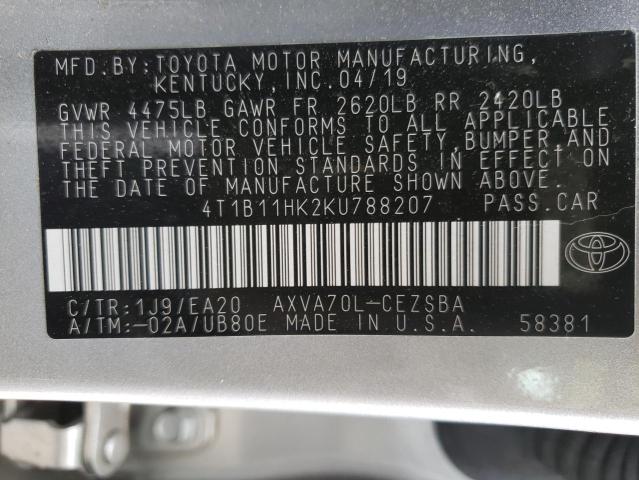 2019 TOYOTA CAMRY 4C 4T1B11HK2KU788207