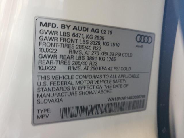 2019 AUDI Q8 PREMIUM WA1BVAF14KD030768