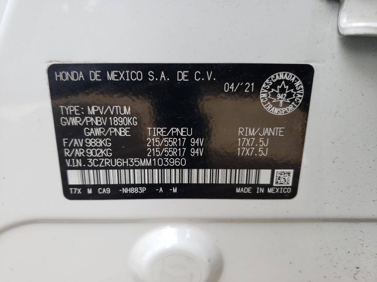 2021 Honda Hr-V Lx VIN: 3CZRU6H35MM103960 Lot: 66324375