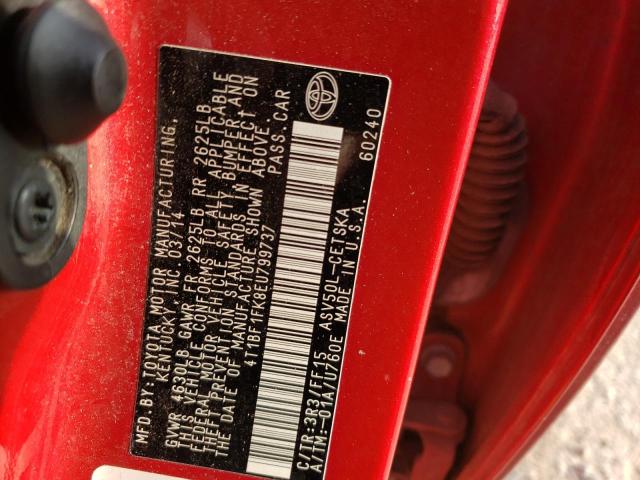 VIN: 4T1BF1FK8EU799737 Auction: COPART Lot: 72455283 Location: KS - KANSAS CITY 4T1BF1FK8EU799737 TOYOTA CAMRY 2014 RED Photo 10