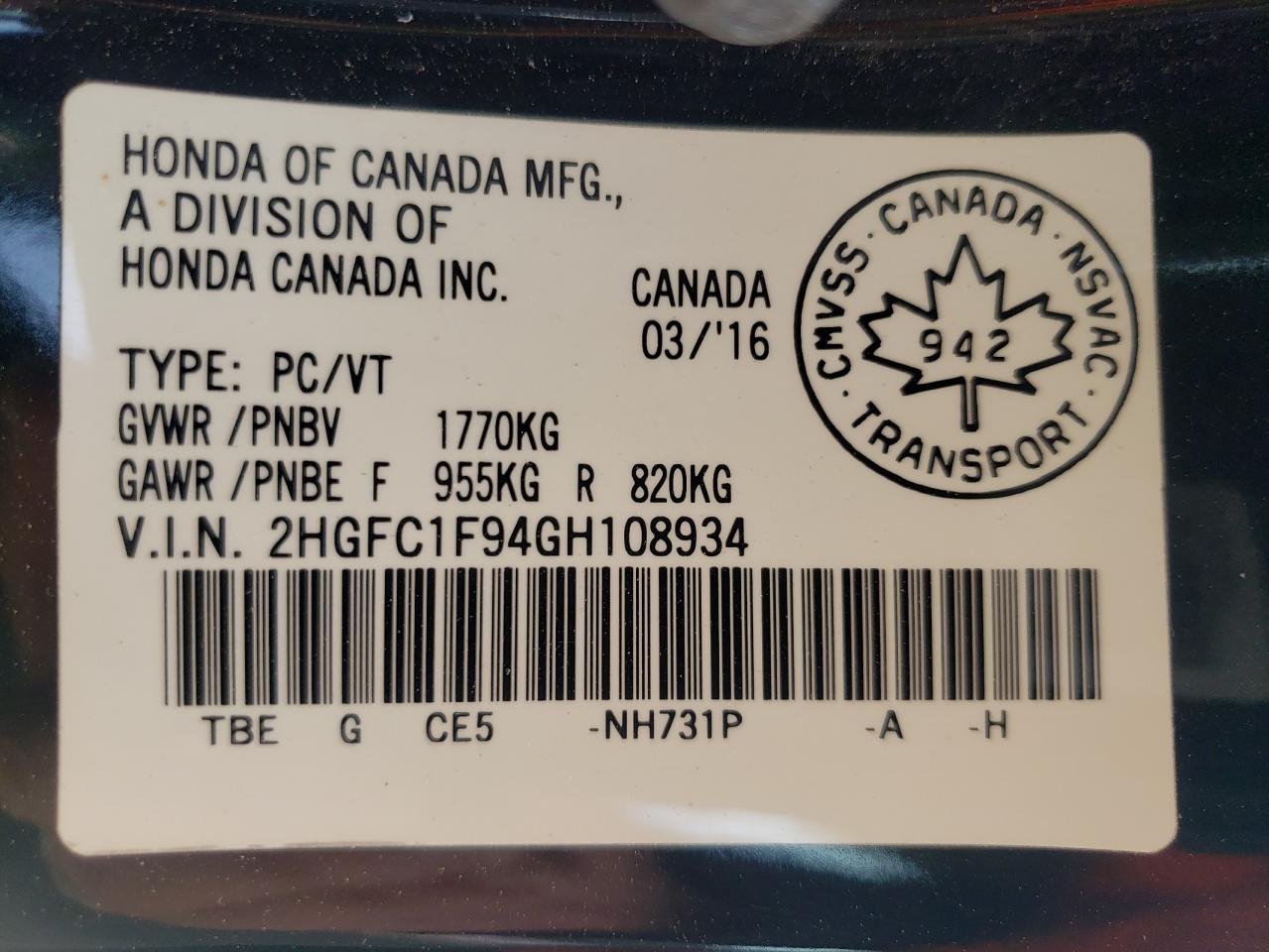 2HGFC1F94GH108934 2016 Honda Civic Touring