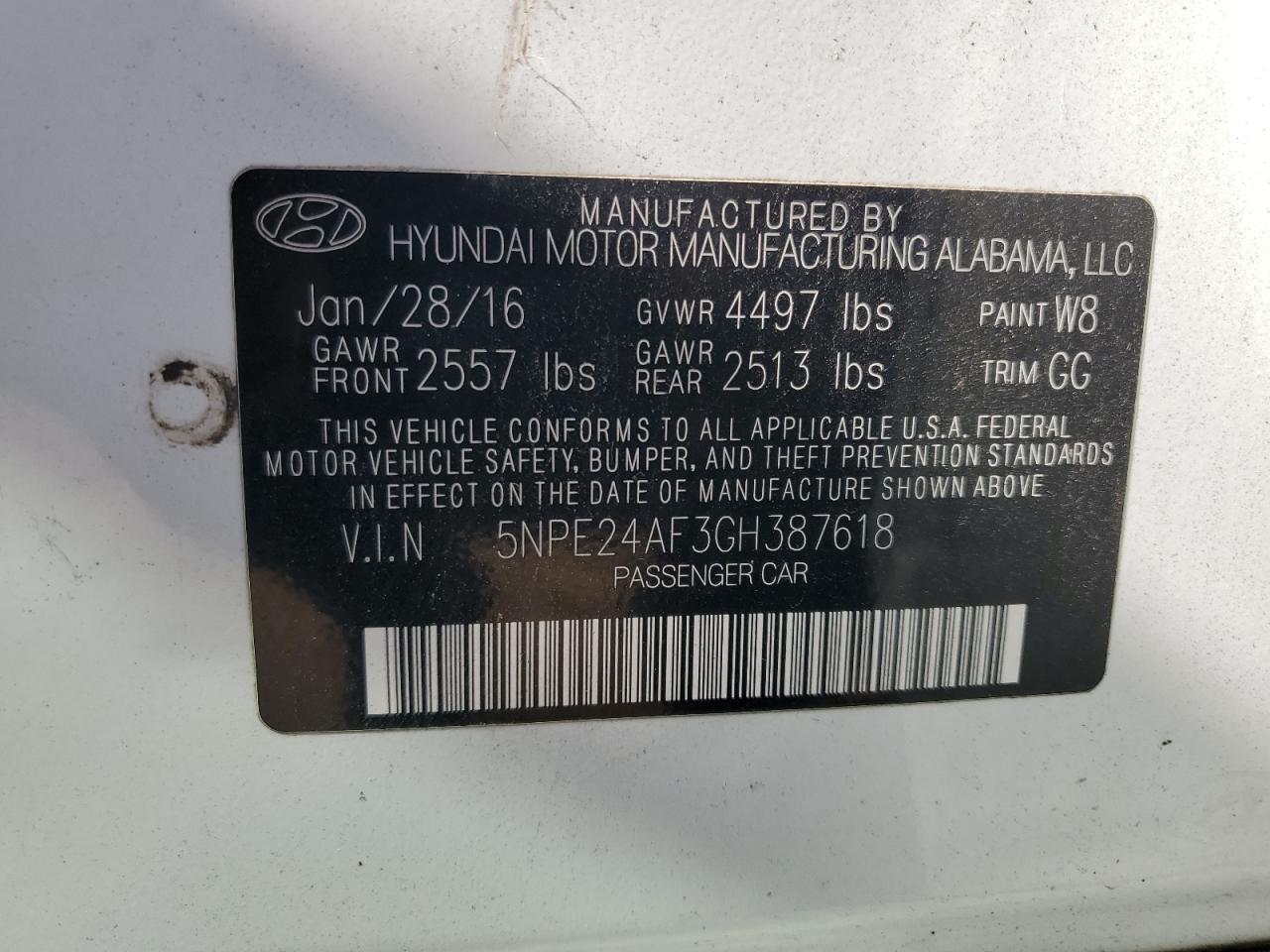 2016 Hyundai Sonata Se VIN: 5NPE24AF3GH387618 Lot: 60842744