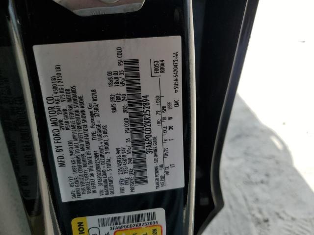 VIN 3FA6P0CD2KR252894 2019 Ford Fusion, Sel no.10