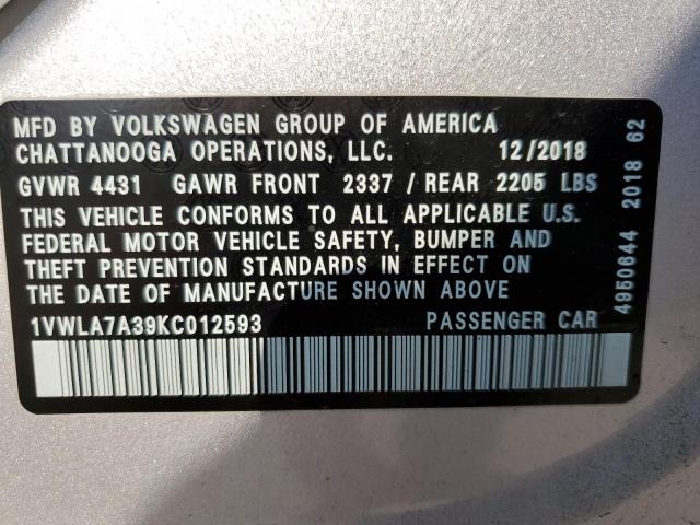 VIN 1VWLA7A39KC012593 2019 VOLKSWAGEN PASSAT no.10