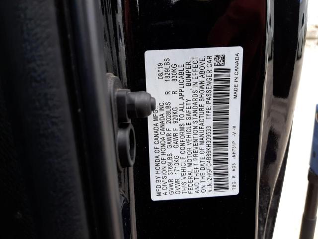 VIN: 2HGFC4B86KH309533 Auction: COPART Lot: 57839722 Location: KY - WALTON 2HGFC4B86KH309533 HONDA CIVIC 2019 BLACK Photo 10
