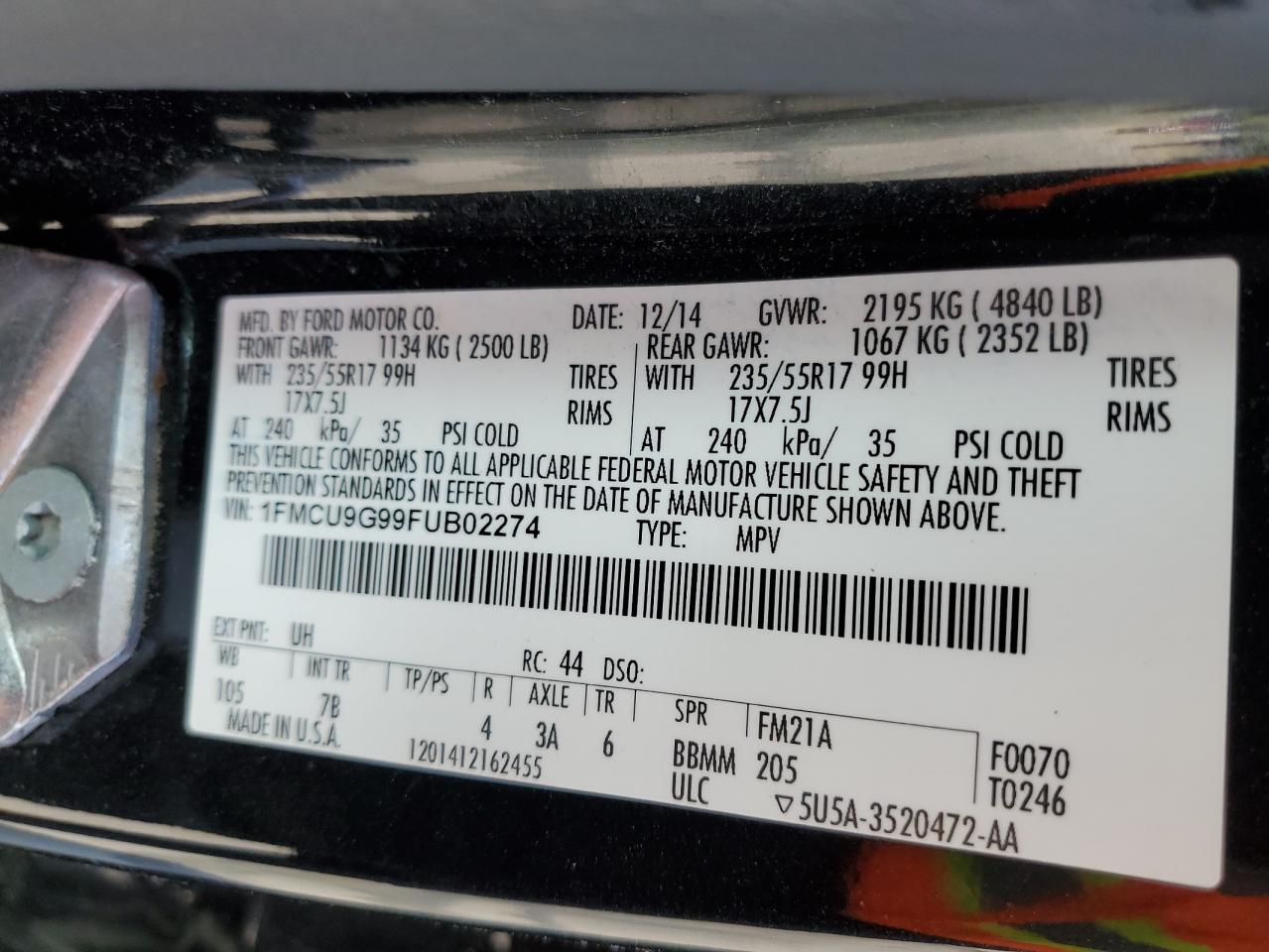 1FMCU9G99FUB02274 2015 Ford Escape Se