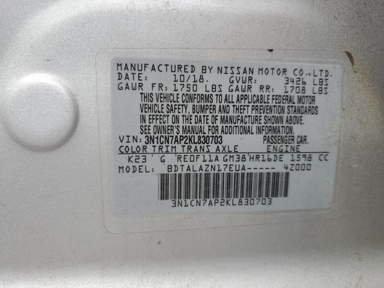 3N1CN7AP2KL830703 2019 Nissan Versa S