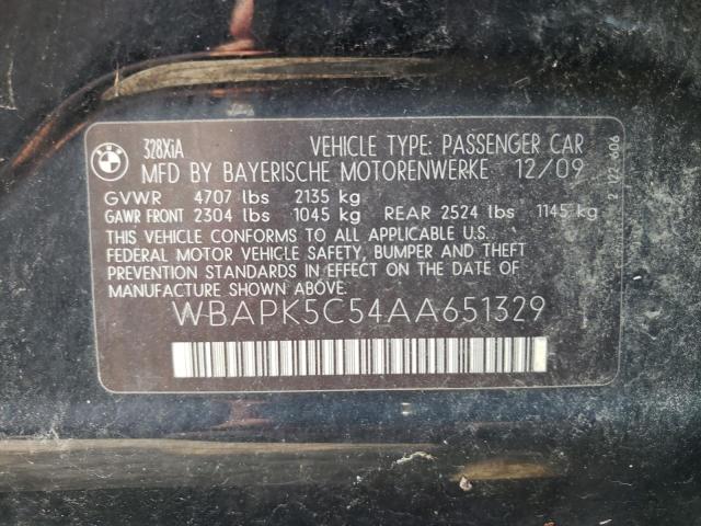 VIN: WBAPK5C54AA651329 Auction: COPART Lot: 59529052 Location: PA - CHAMBERSBURG WBAPK5C54AA651329 BMW 3 SERIES 2010 BLACK Photo 10